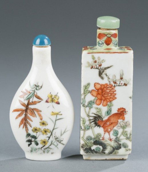Set of 2 Porcelain Painted Chinese Snuff Bottles: A set of two Chinese porcelain painted snuff bottles. 19th/20th century. ++ Praying mantis with a blue acrylic top, cork, and no stick. 2 3/4" h. ++ Cock and crane with a green hardstone top, cork, an