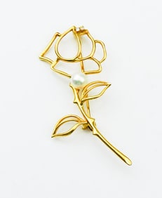 18KYG Floral Motif Pin with Pearl & Diamond