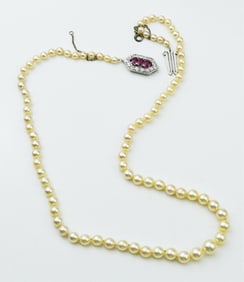 Graduated Pearl Necklace w/ Plat. Diamond & Rubies