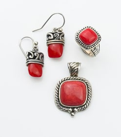 Sterling Silver & Coral Pendant, Earring & Ring