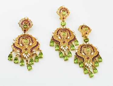 High Karat Gold Pearl & Stone Pendant/Earring Set