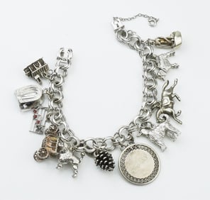 Sterling Silver Charm Bracelet w/ 12 Charms