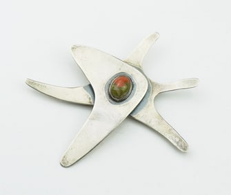 ED. Wiener Sterling Silver & Agate Brooch
