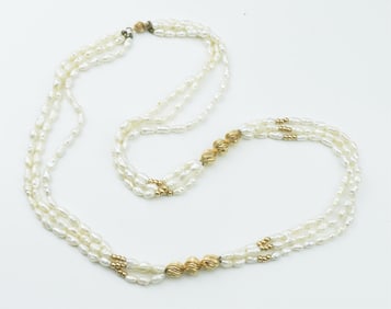 14KYG Fluted Bead & Rice Pearl Necklace