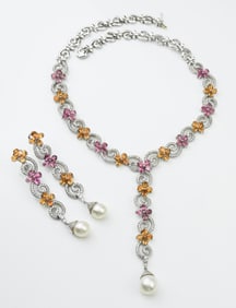 14KWG Pearl Diamond & Stone Necklace/Earring Set