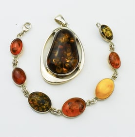 Sterling Silver & Amber Pendant & Bracelet