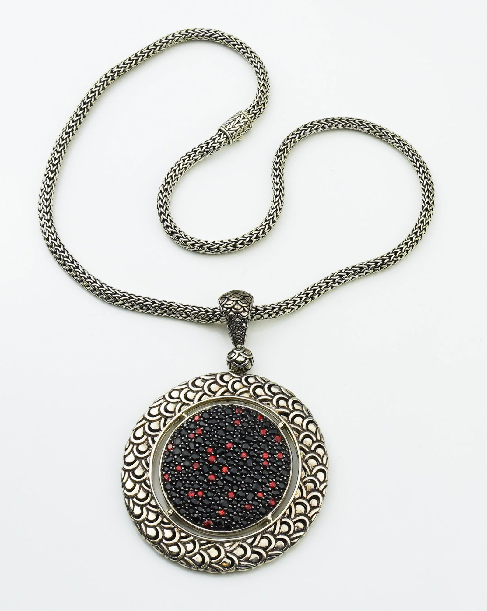 John Hardy Black Sapphire Disc Pendant & Chain: John Hardy Black Sapphire Disc Pendant & Chain approx. 18.0 inches x 4.5mm, stamped and tested sterling silver suspending a sterling silver disc pendant approx, 2 1/4 inches diameter pendant with pave