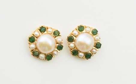 18KYG Pearl & Emerald Earrings