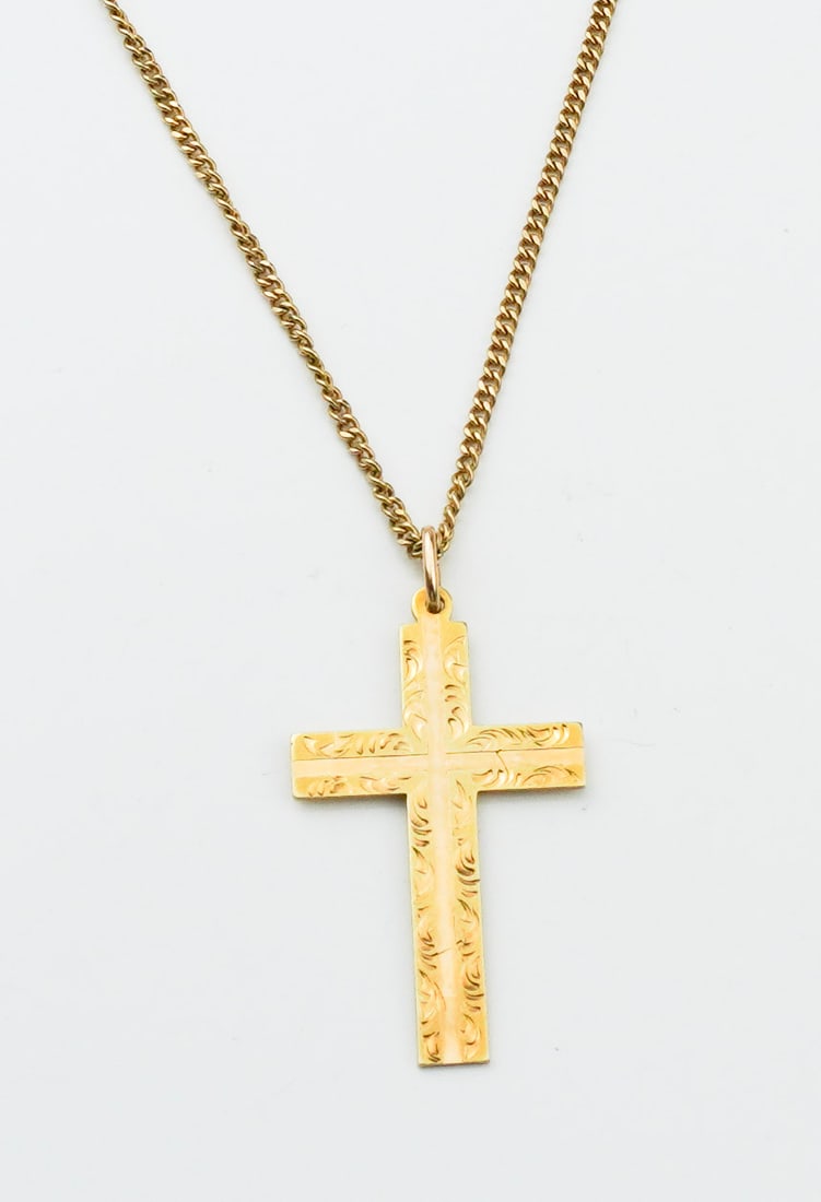 14KYG Engraved Cross w/ 10KYG Open Link Chain (1 of 2)