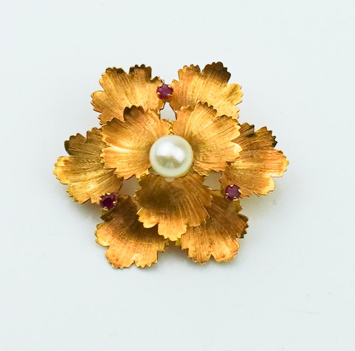 14KYG Ruby & Pearl Floral Motif pin (1 of 1)