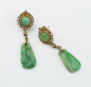 14KYG Carved Jade Drop Earrings
