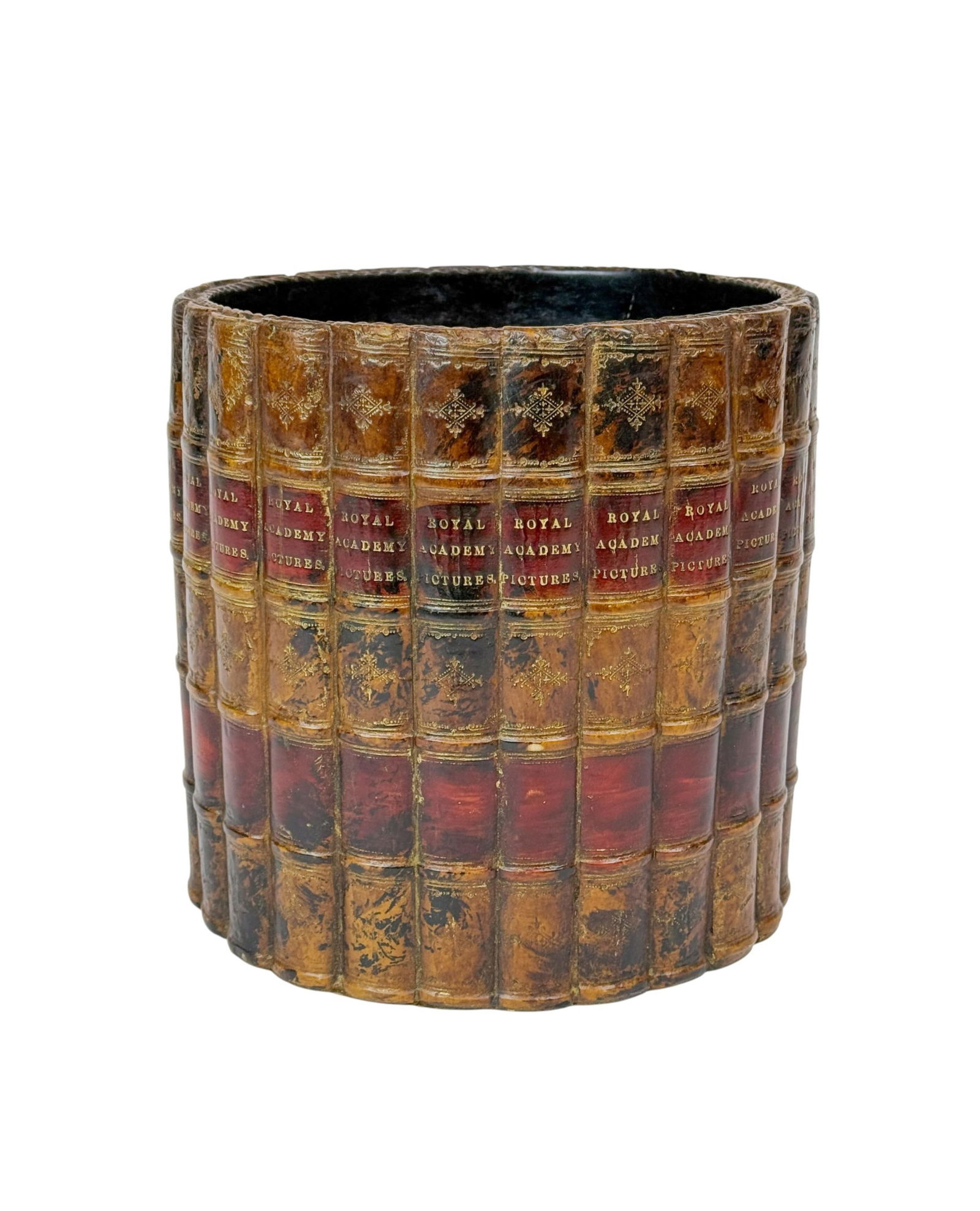 English Trompe L'Oeil leather book waste bin.: An English Trompe L'Oeil leather book waste bin. 9" x 9".