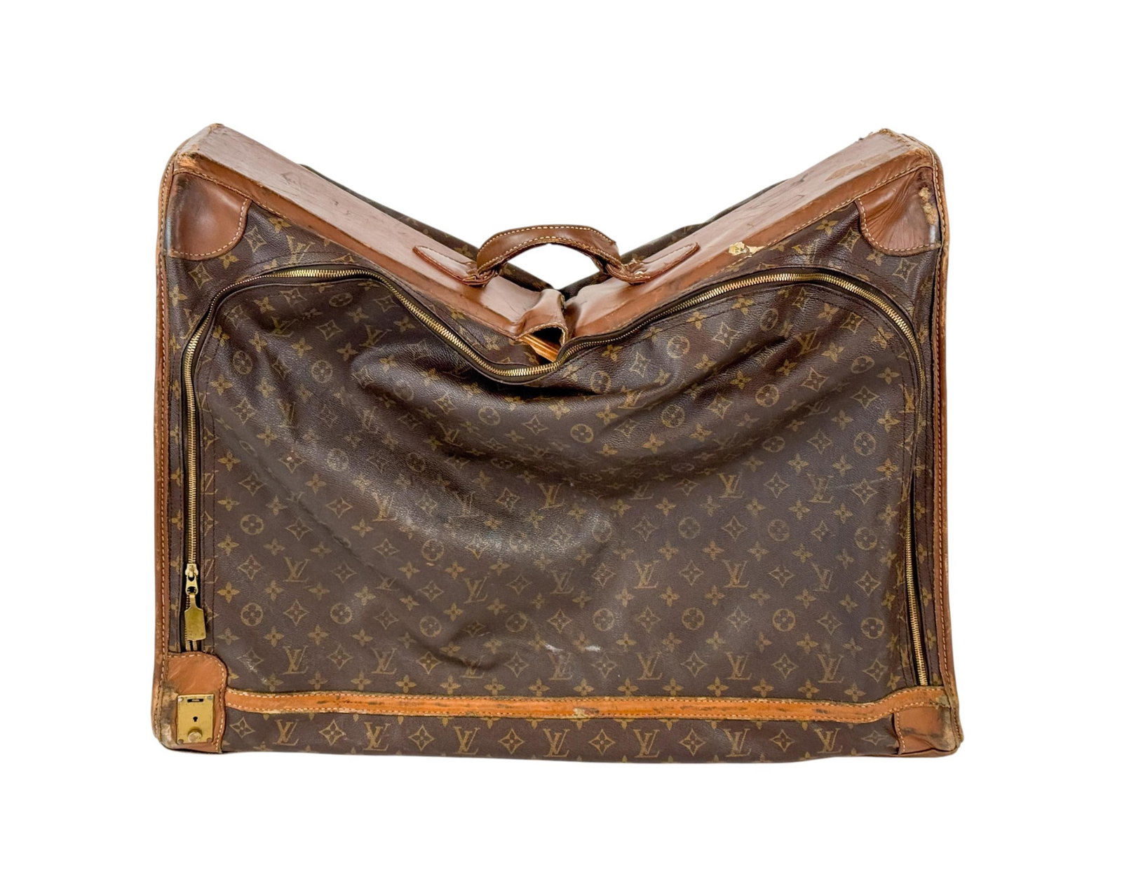 Louis Vuitton suitcase.: A Louis Vuitton monogram suitcase. 22" x 27" x 9". Condition: Heavy wear, tears, stickers, and residue.