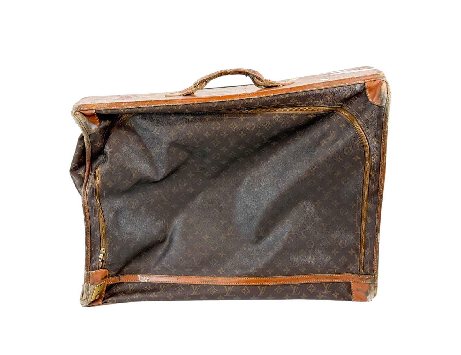 Louis Vuitton suitcase.: A Louis Vuitton monogram suitcase. 22" x 27" x 9". Condition: Heavy wear, tears, stickers, and residue.