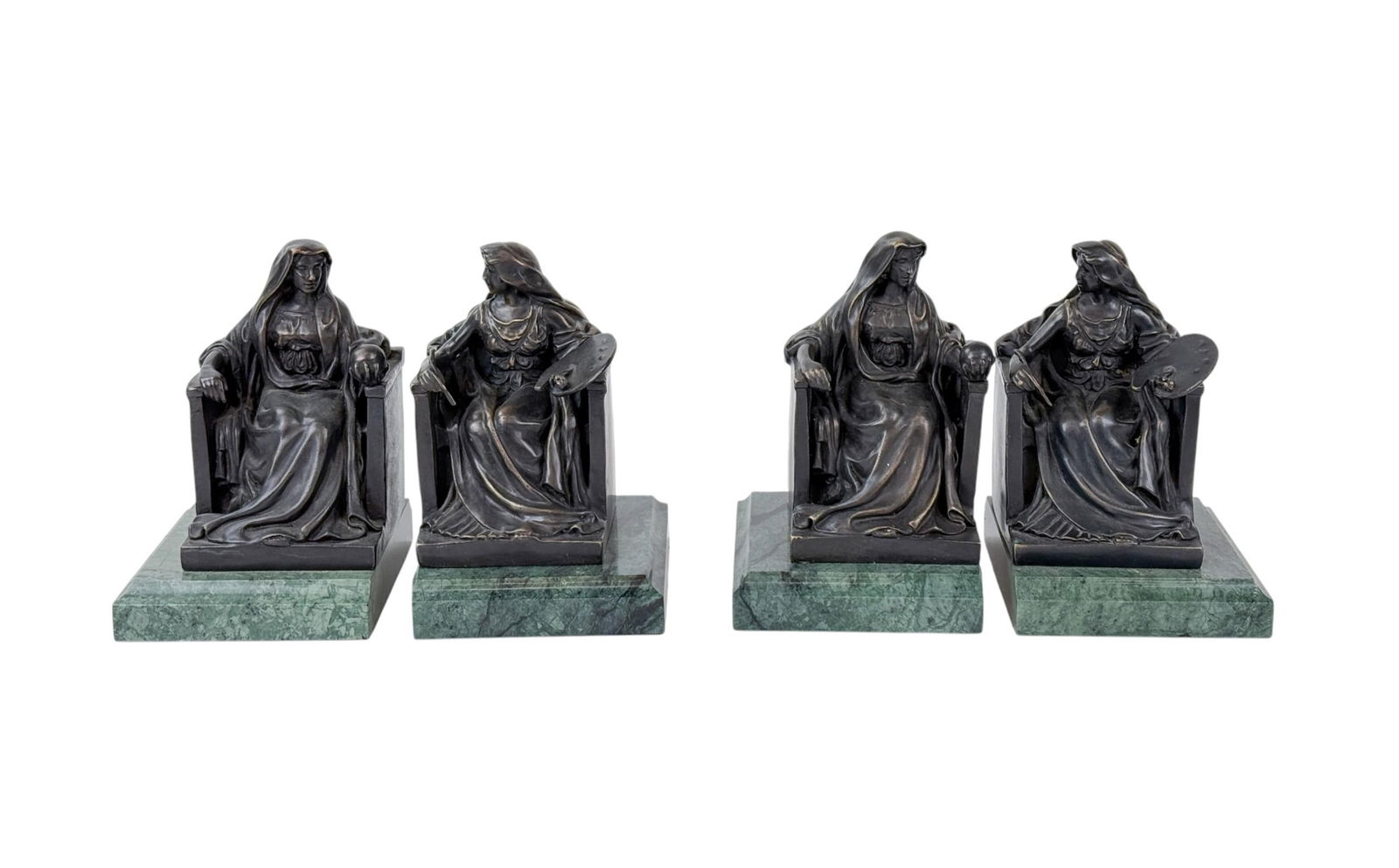 4 After B.L. Pratt Levenger bronze bookends.: A group of two pairs of bookends after Bela Lyon Pratt (American, 1867-1917). "Science" and "Art" Levenger bronze bookends. Marked on reverse "LEVENGER/ BOSTON PUBLIC LIBRARY." 8" x 6 1/4" x 5 1/2".