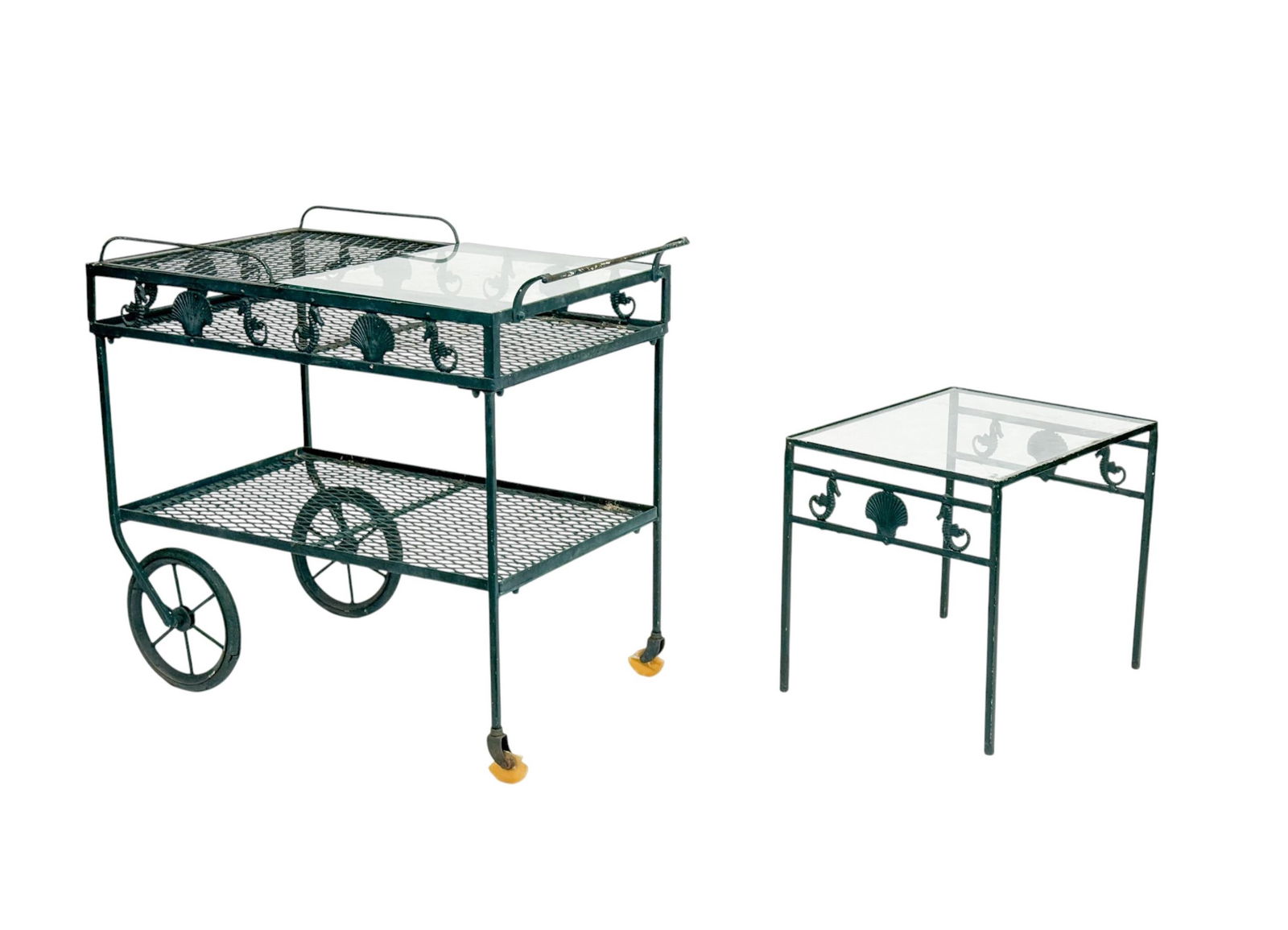 Molla "Breakers" aluminum bar cart and side table.: A Molla after The Breakers Hotel, Palm Beach, FL aluminum bar cart and glass topped side table with seahorse and shell motif. Cart: 31" x 34" x 20 3/4". Table: 18" x 20 1/2" x 16 1/4".