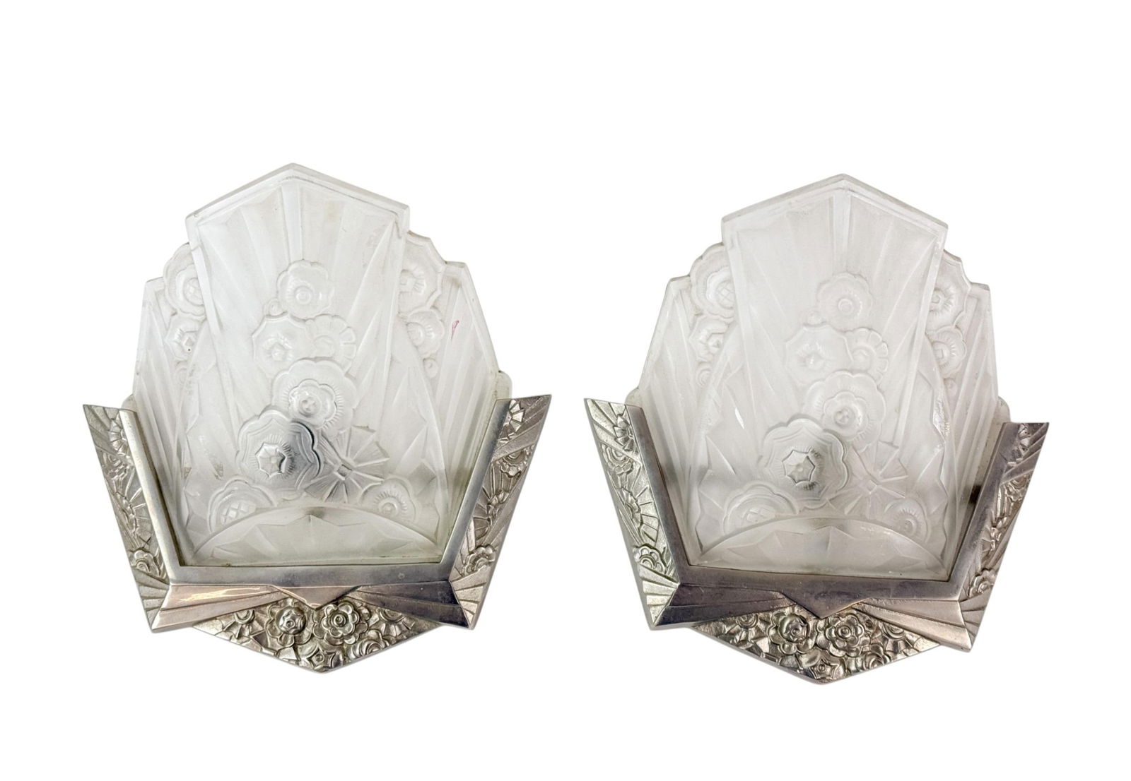 French Art Deco EJG wall sconces.: A pair of French Art Deco J. Robert (Etablissement Jean Gauthier) frosted glass electric wall sconces. Circa 1920s?1930s. A matched pair of Art Deco wall sconces with molded frosted glass shades of fa