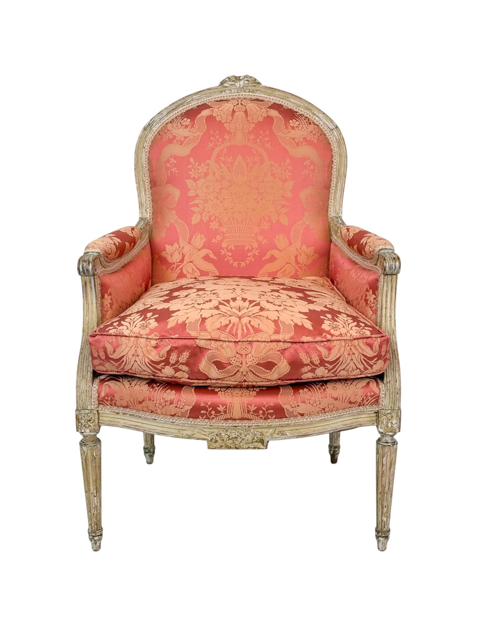 French Louis XVI painted bergere armchair.: A French Louis XV bergere armchair, 19th Century. 38 3/4" x 23" x 27".