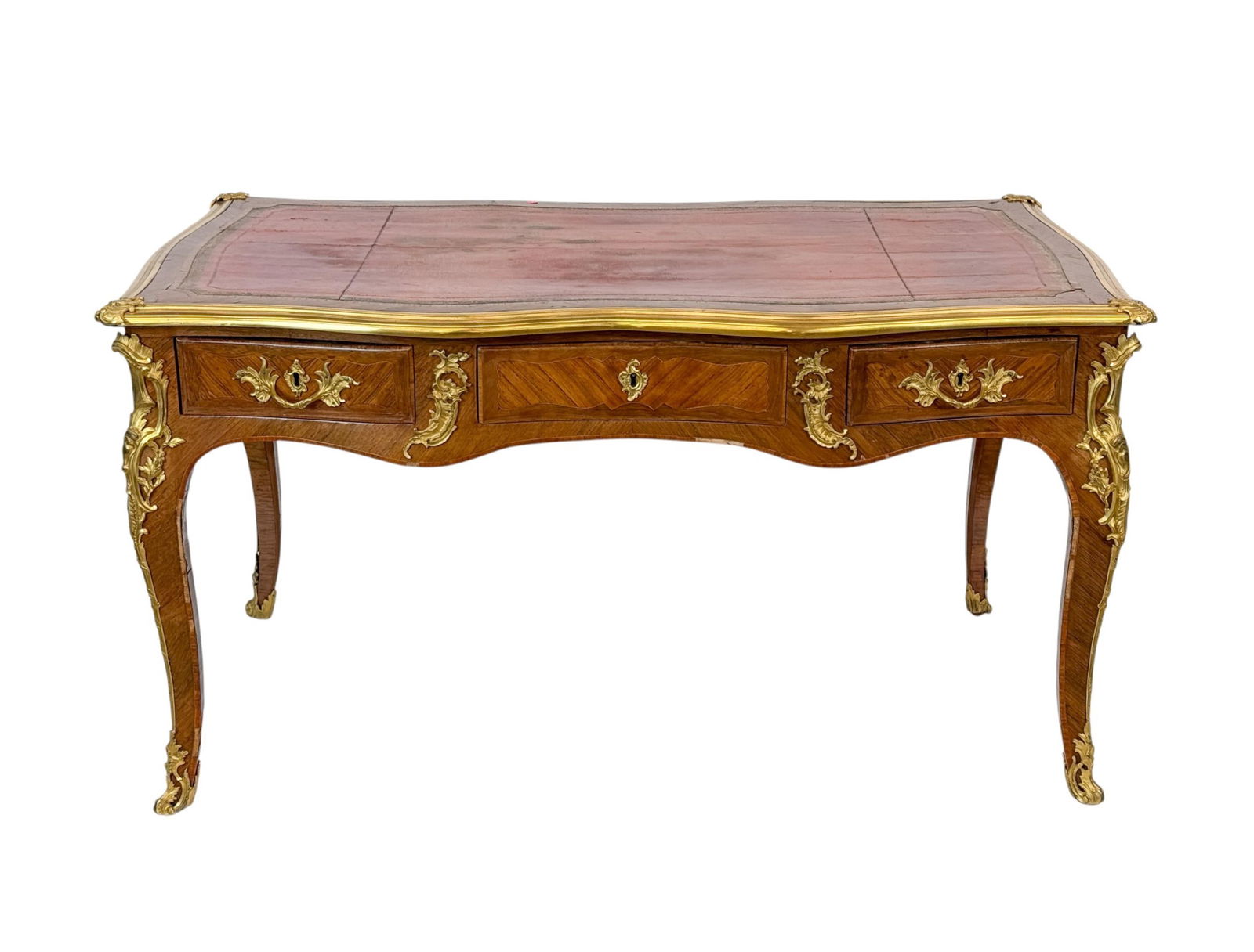 French Louis XV ormolu mounted bureau plat.: A French Louis XV ormolu mounted bureau plat, 18th Century. Leather topped. Three drawers and three faux. 31" x 57" x 33".