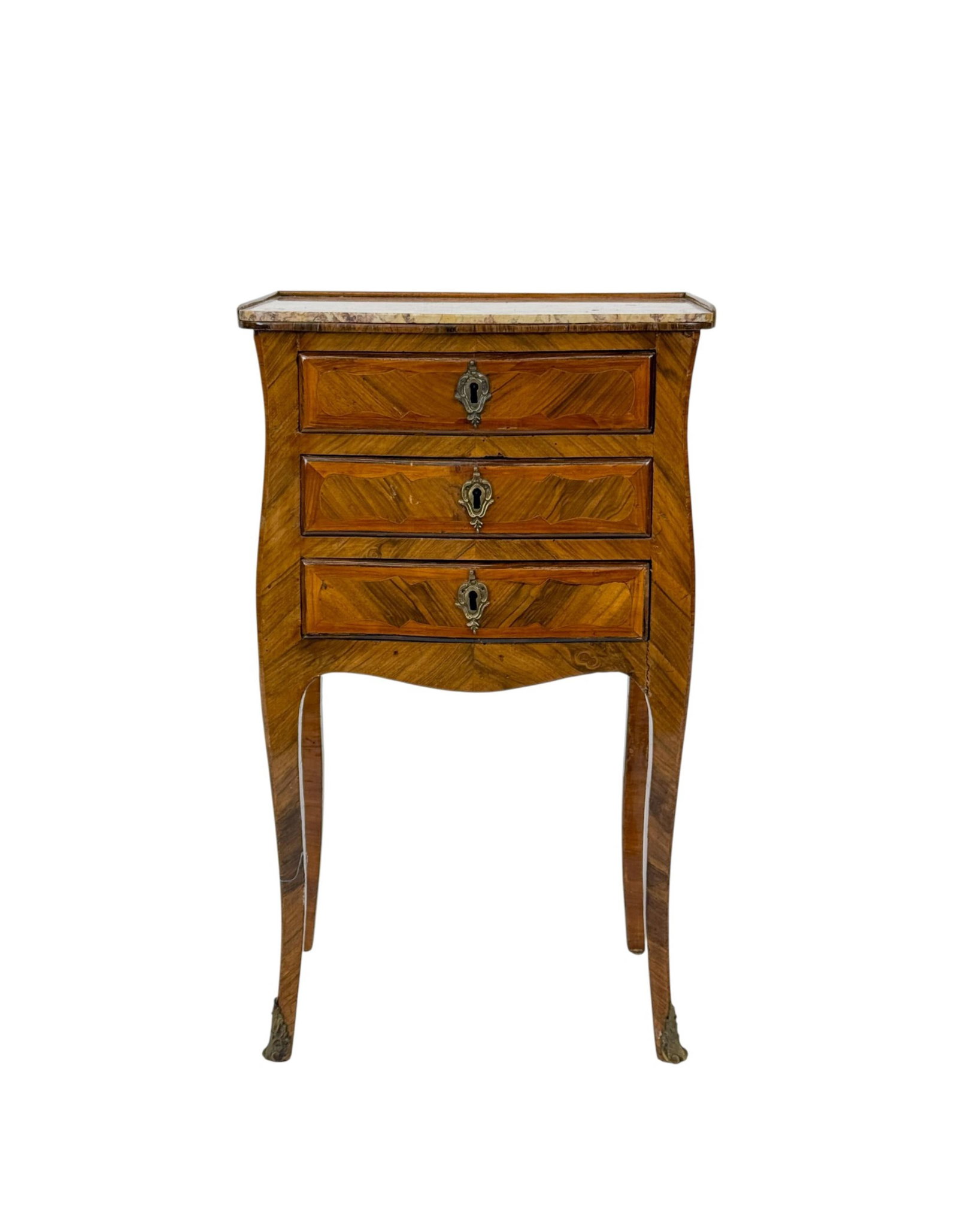 French Louis XV inlaid table en chiffoniere.: A French Louis XV inlaid table en chiffoniere with granite top, 19th Century. 28 1/4" x 16 3/8" x 12 1/8".