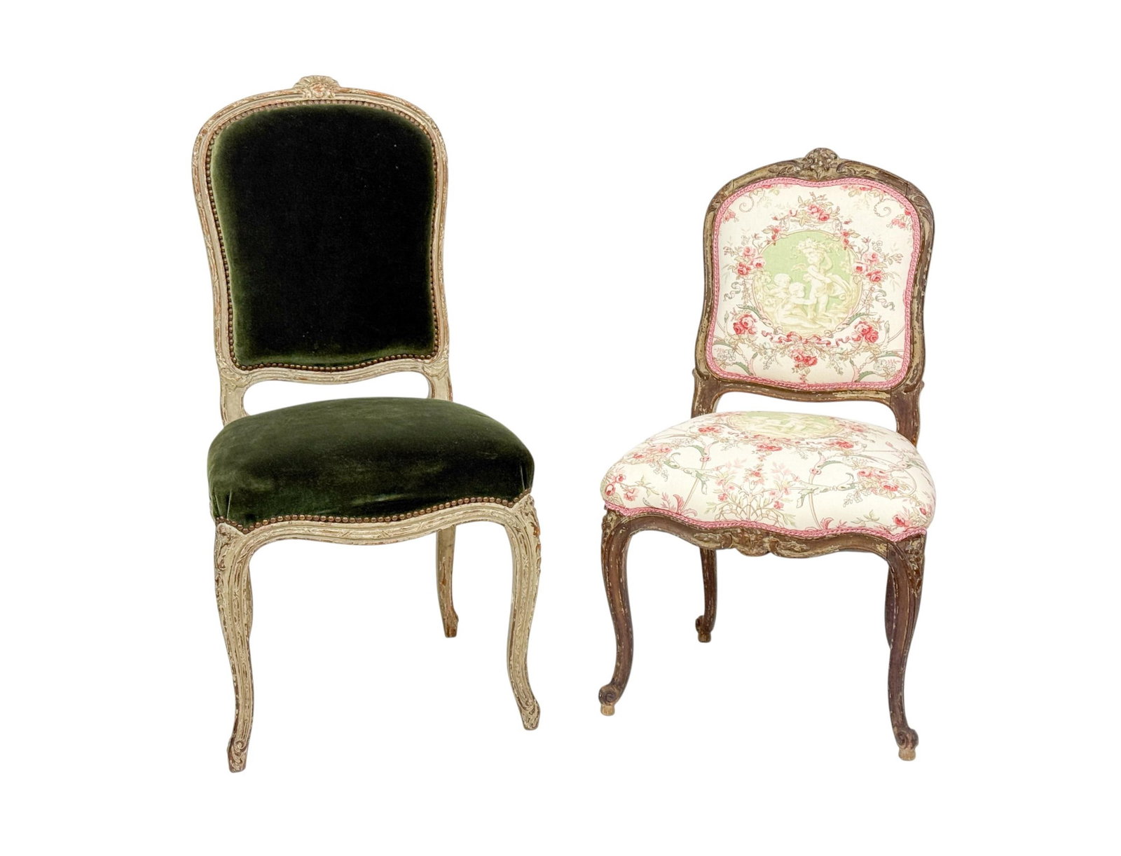 2 French Louis XV style side chairs.: A group of two Louis XV style side chairs, 19th Century. Smallest: 36" x 22" x 16 1/2". Largest: 41 1/2" x 17 1/2" x 20 1/2".