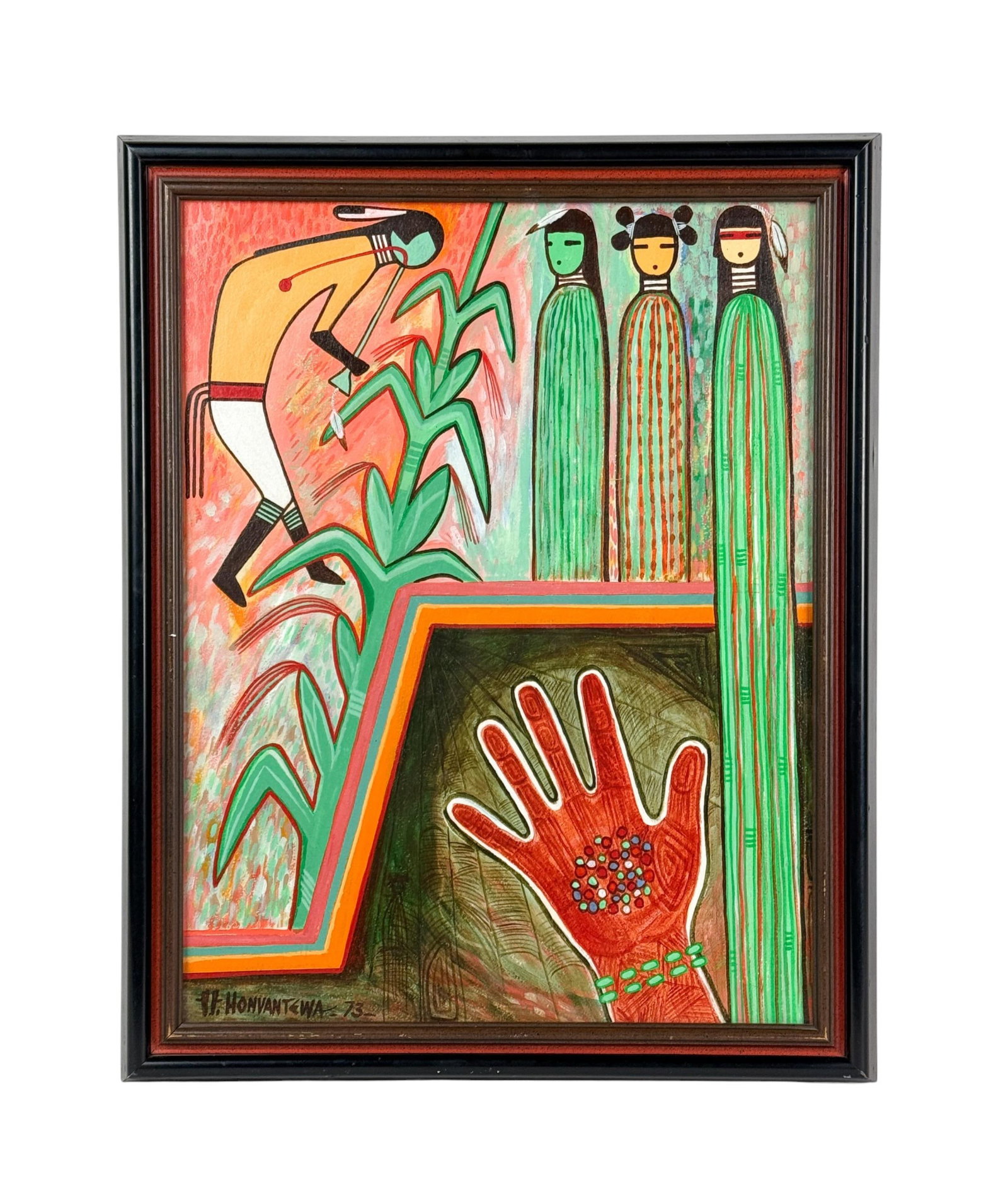 Honvantewa, "Corn Dance," 1973, A/B.: Terrance Talaswaima aka Honvantewa (Hopi, 1939-1988). "Corn Dance." Acrylic on board. 1973. Depicting a vibrant ceremonial scene rendered in Talaswaima?s distinctive graphic style, combining Hopi symb