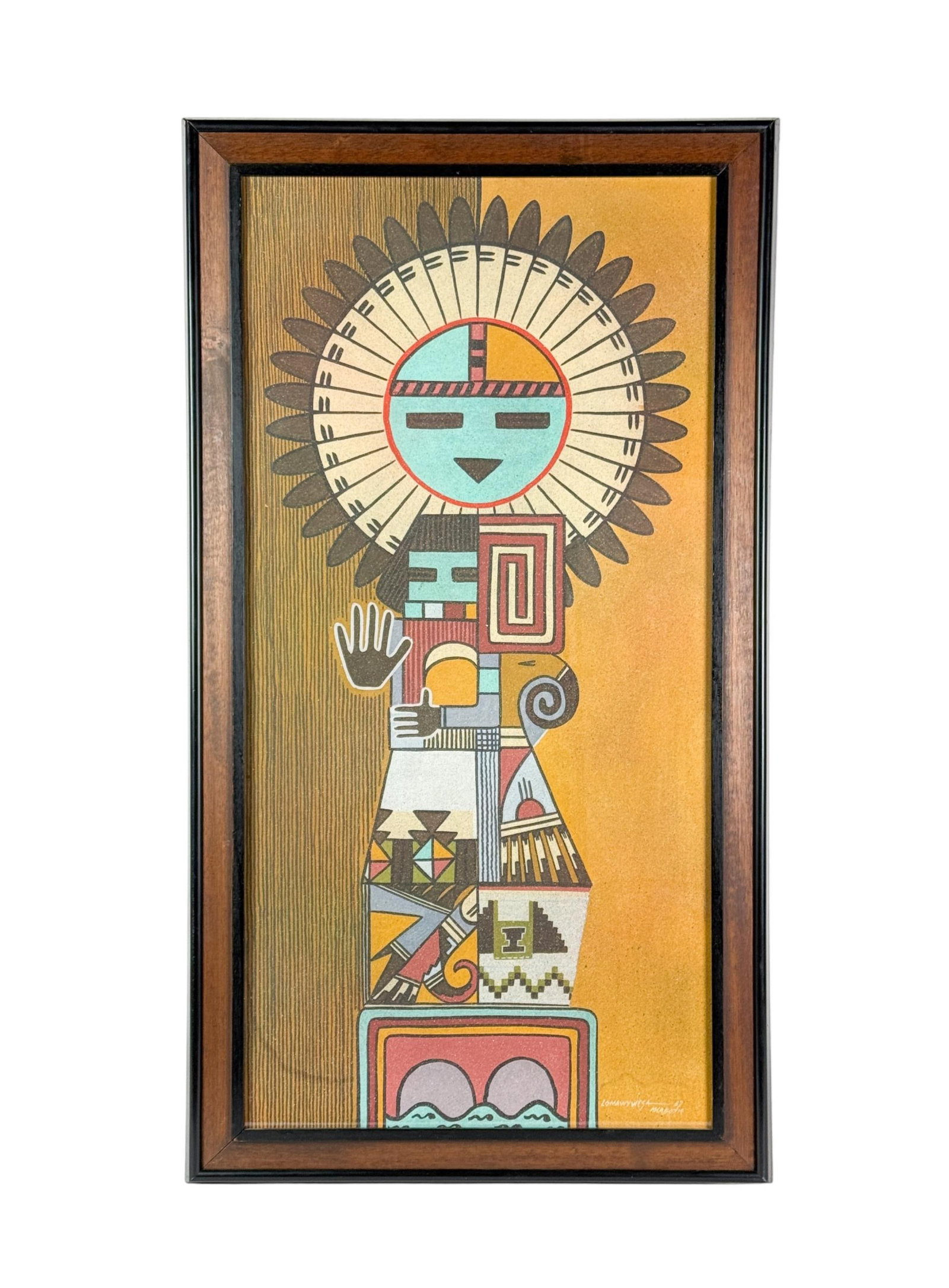Lomawywesa, Sun Katsina, 1967, print.: Michael Kabotie aka Lomawywesa (Hopi, 1942-2009). Sun Katsina. Lithograph in color. 1967. A striking early work by Kabotie featuring a stylized Katsina figure rendered in his signature geometric