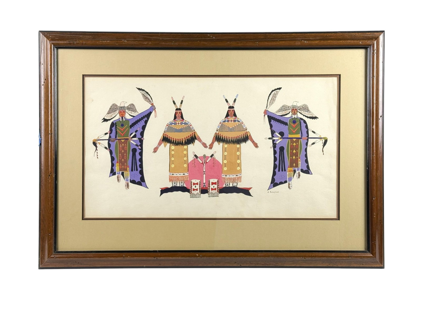 A. Bushyhead, Eagle Dancers, G/P.: A. Bushyhead. Eagle Plains Dancers. Gouache on paper. Depicting four Plains dancers in ceremonial regalia arranged in a symmetrical composition. Signed l.r. Sight: 14" x 24 1/2". Frame: 34" x 26 1/2".