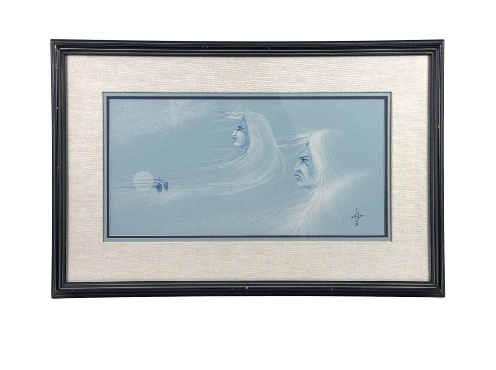 Tiger Jr, Native Americans & Bison, G/P.: Tiger Jr, Johnny Moore (Muscogee Creek-Seminole, 1940-2015). Composition of two Native Americans figures and bison rendered in a monochromatic blue palette, the faces emerging from a misted landscape