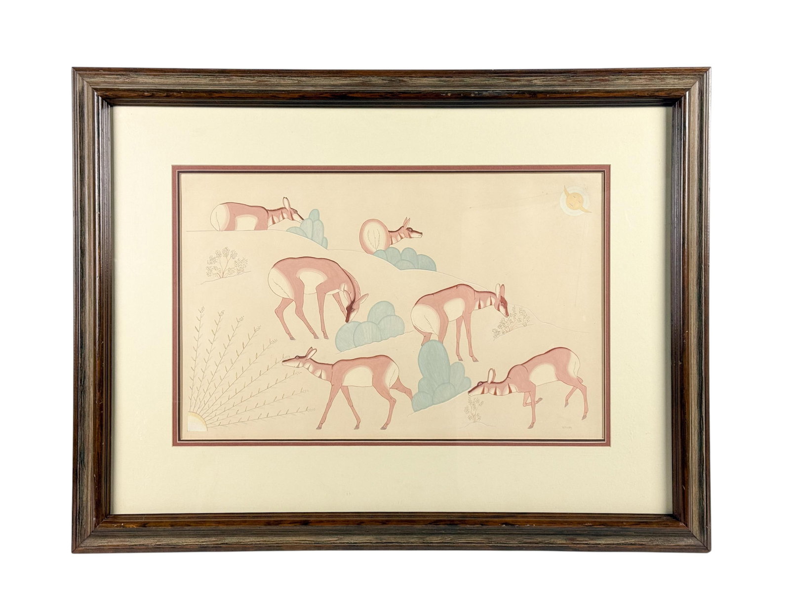Harrison Begay, Antelope, G/P.: Begay, Harrison (Navajo, 1917-2012). Group of antelope, graceful composition depicting a herd of stylized antelope in a desert landscape, rendered in Begay?s characteristic soft palette and flowing,