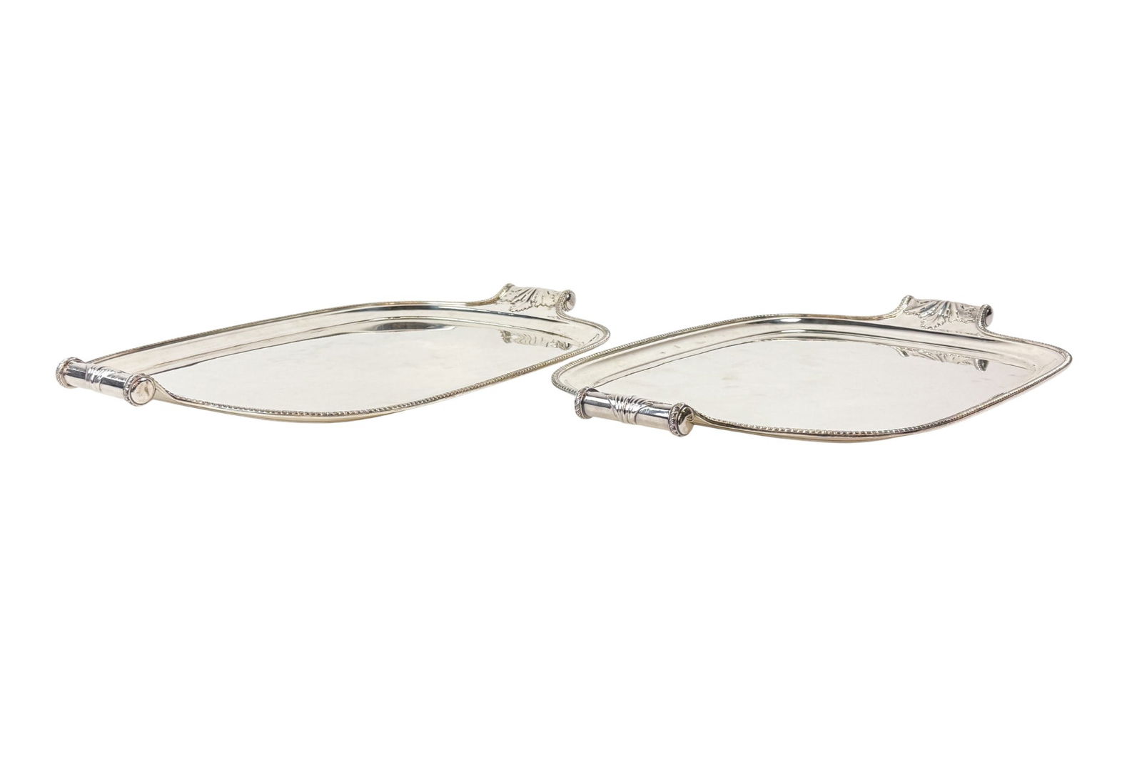 2 English silverplate trays.: A group of two English silverplate trays with scroll and oak leaf handles. 20th century. One M.S. Ltd. marked "MSLD" and other Langfords Silver Galleries "LSG." 26 1/2" x 16" x 2 1/2".
