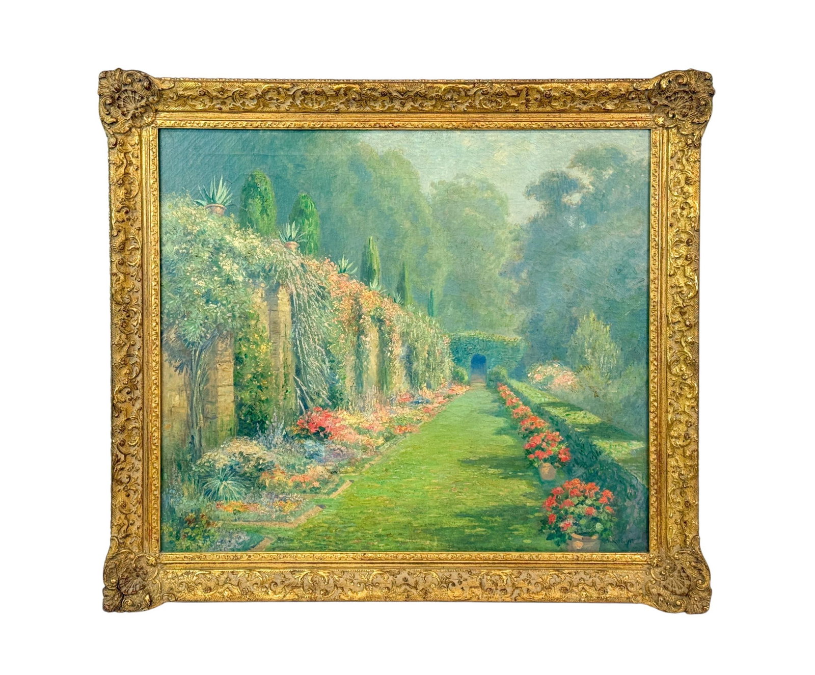 Edmund Garrett, Garden path, O/C.: Garrett, Edmund Henry (American, 1853-1929). Luminous Impressionist garden scene depicting a flowering pergola and receding path rendered in soft, atmospheric light and layered brushwork characteristi