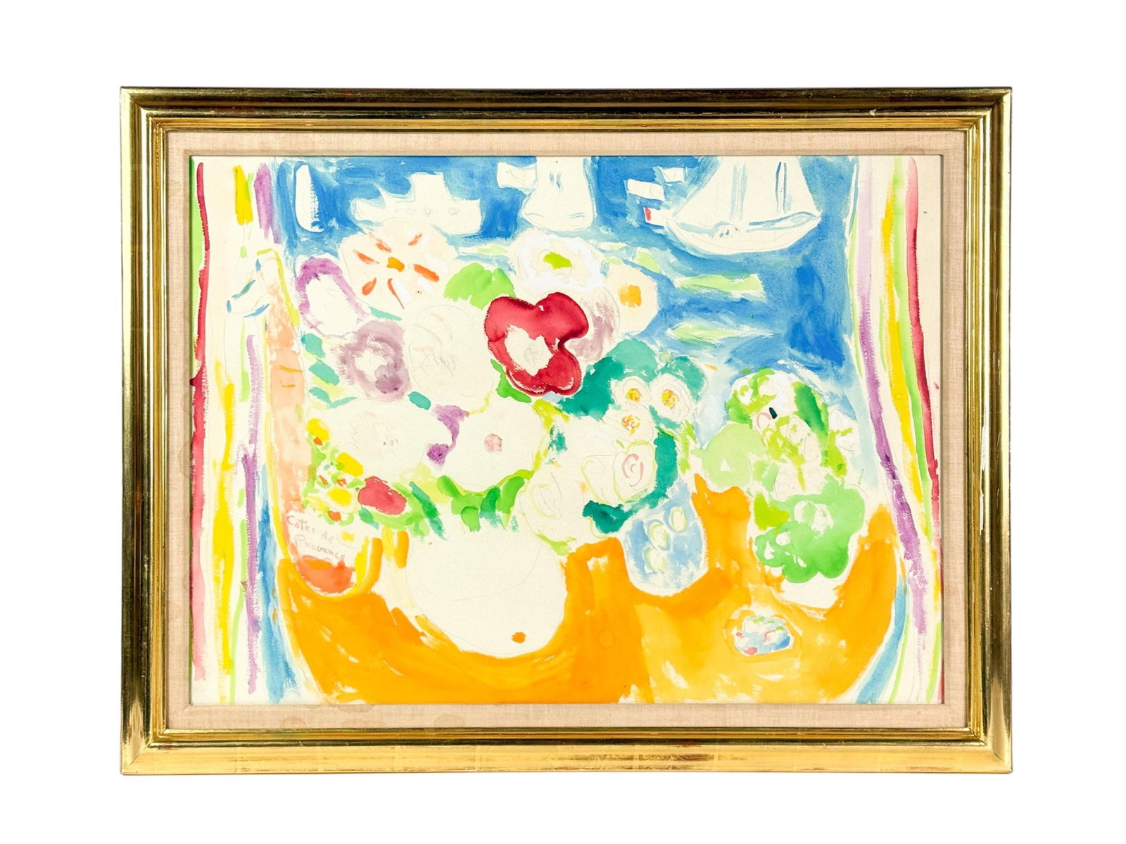 Bob Paul Kane, Still life, WC/P.: Kane, Bob Paul (American,1937-2013). Still life with flowers on table in front of window. Watercolor and pencil on paper. Unsigned. Sight: 21 1/2" x 29 1/2". Frame: 26 1/2" x 35".