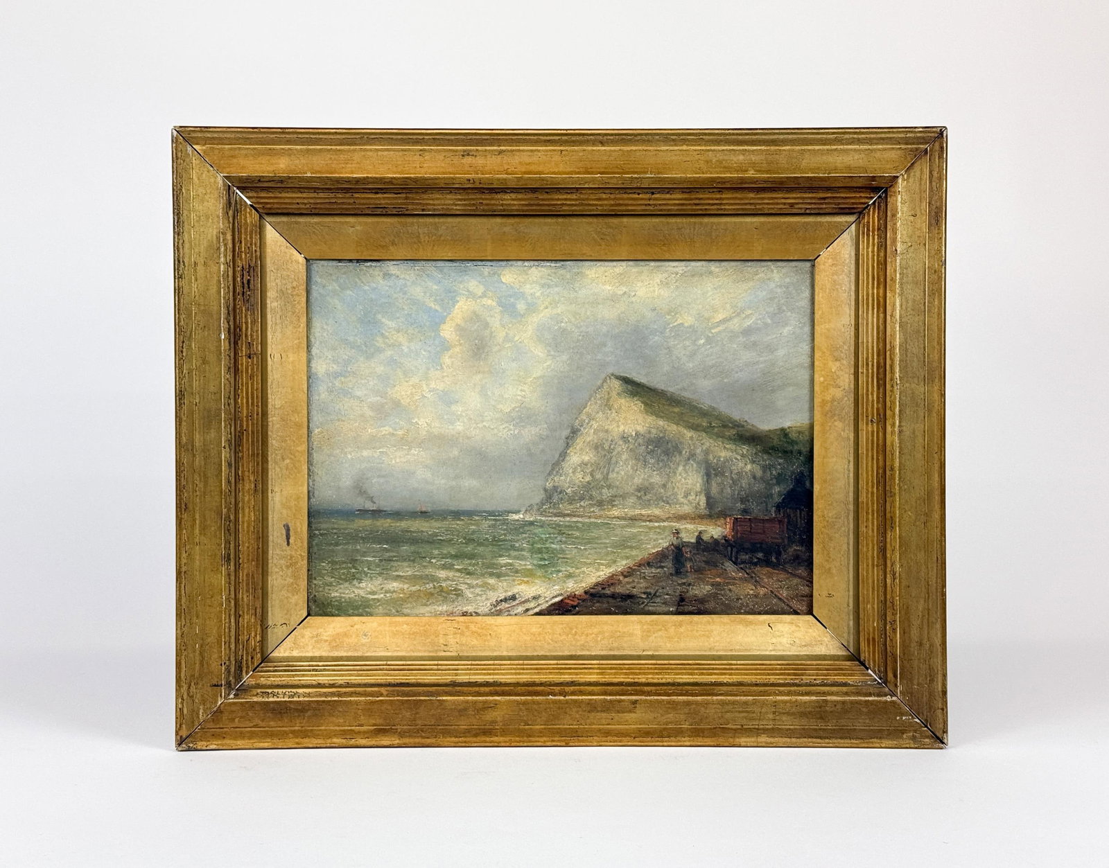 "Shakespeare's Cliff, Dover," O/C.: Unknown artist. Shakespeare Cliff, Dover, an atmospheric coastal landscape depicting the chalk cliffs and shoreline activity under a dramatic sky. Oil on canvas. 19th century. Sight: 9 1/2" x 13 1/2".