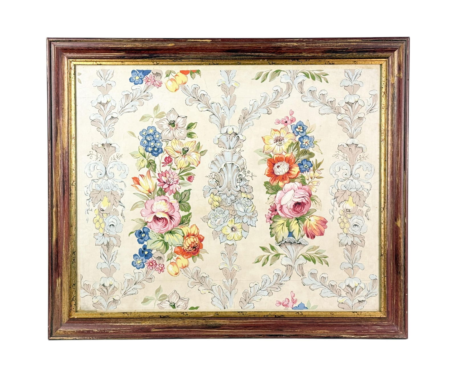 Hand painted wallpaper fragment, 18th c.: An 18th century French hand painted wallpaper fragment. Frame: 29" x 35".