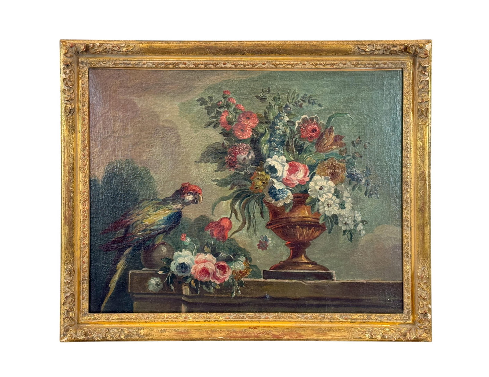 Still life with flowers and parrot, O/C.: A still life with a vase of flowers and parrot. Oil on canvas. 19th century. Unsigned. Sight: 24 1/2" x 31 1/2". Frame: 30 1/4" x 37". Condition: Craquelure.