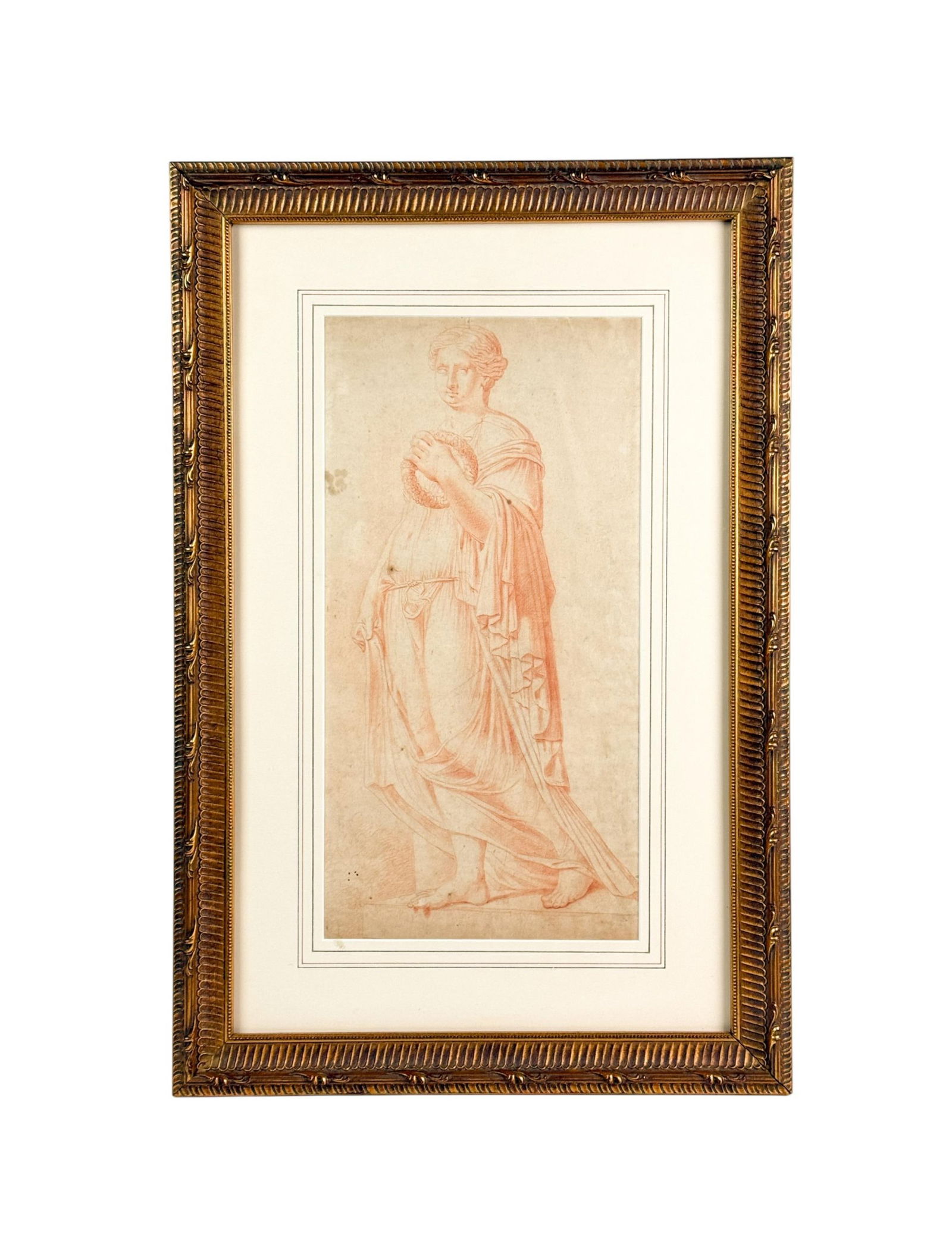 Italian School, drawing of a woman, 18th c.: An Italian School drawing of a classical female figure holding a wreath. Red chalk on paper. 18th century. Depicting a draped allegorical figure rendered in the academic Old Master manner, likely a st