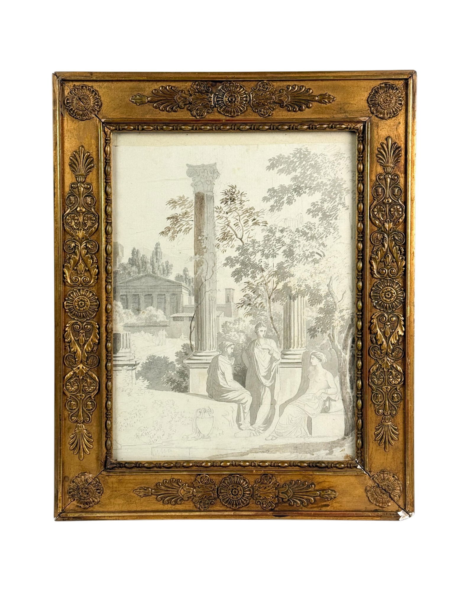 French School, Classical figures study, 18th c.: A French School study of Classical figures in a garden setting. Pencil and grisaille on paper. Late 18th century. Depicting three draped figures conversing before ancient columns and trees in a neocla