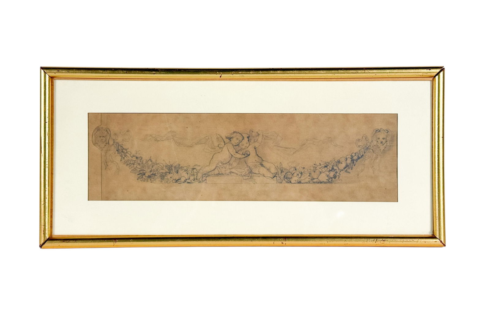 Old master style study of putti, 19th c.: An Old Master style decorative study of putti with garland. Graphite on paper. 19th century. Depicting cherubs supporting a fruit garland in a Rococo ornamental composition, likely a decorative design