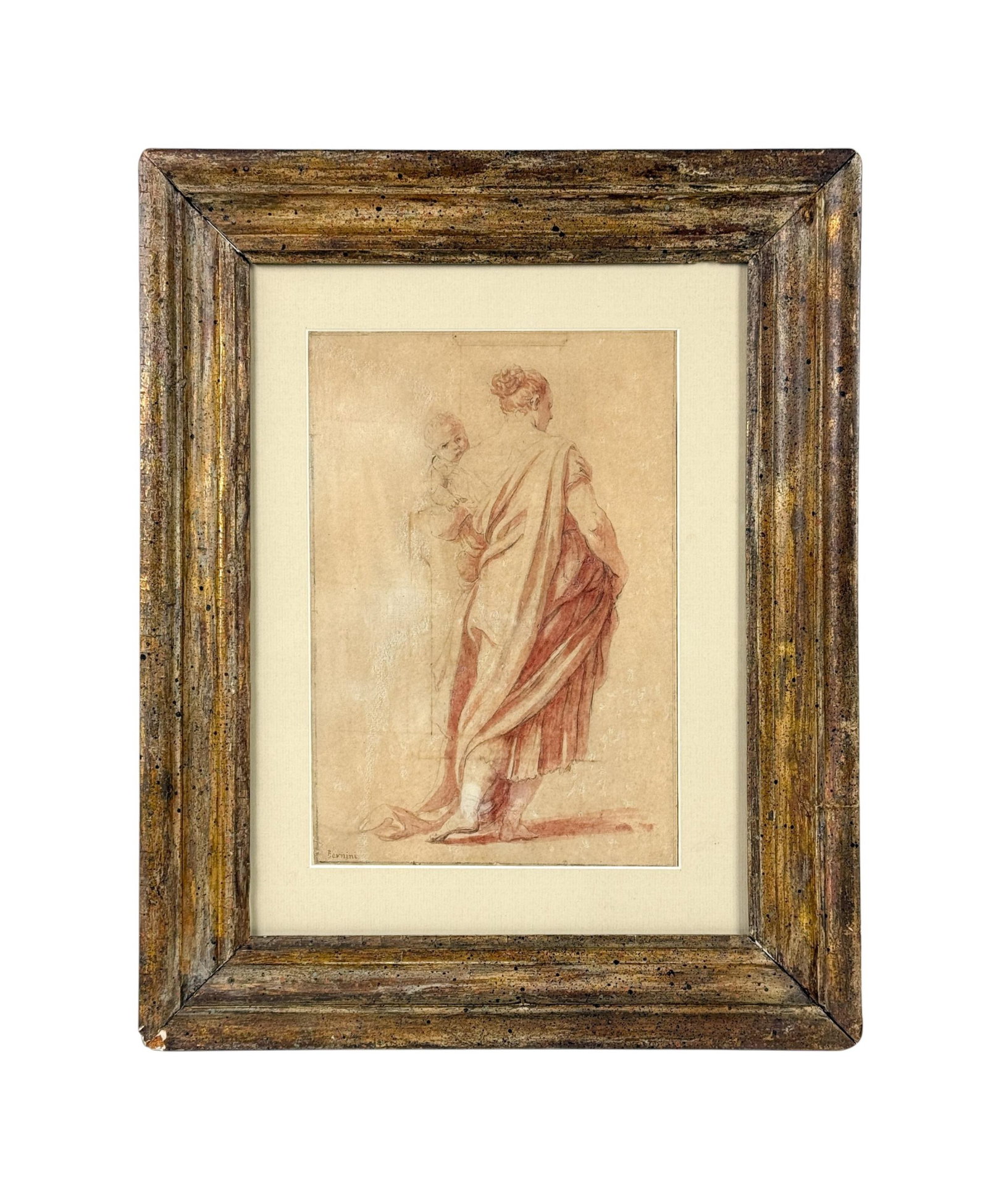 After Bernini, Old Master style drawing of woman: After Gian Lorenzo Bernini (Italian, 1598-1680). An Italian School, Old Master style drawing of a woman carrying a baby. Red chalk drawing.19th century. In the Baroque manner, depicting a draped femal