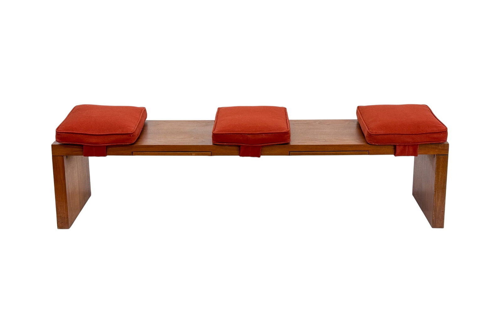 Milo Baughman for Thayer Coggin bench.: A Milo Baughman for Thayer Coggin bench with three removable red cushions and two pull out trays.14" x 60" x 16"