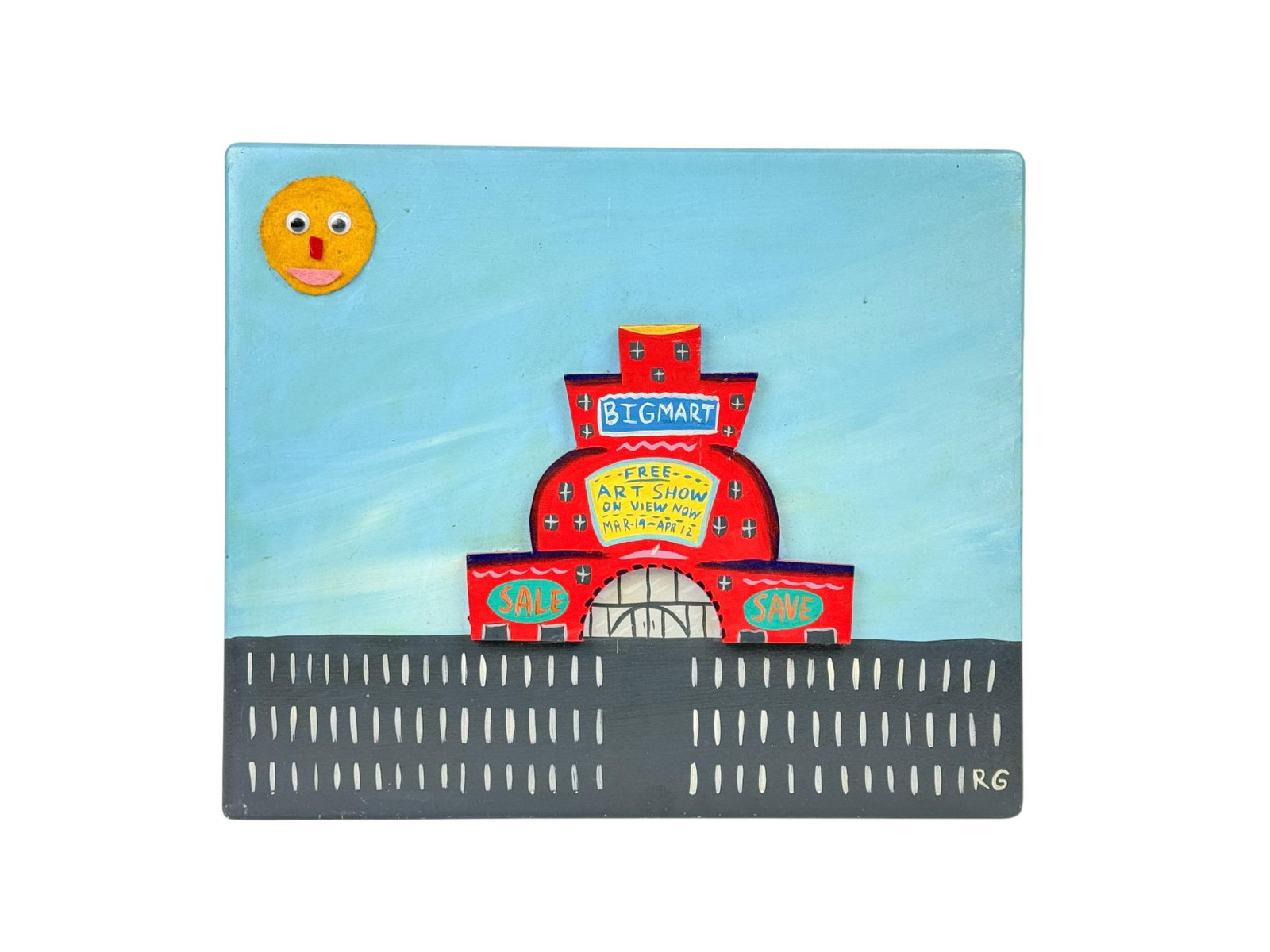 Rodney Alan Greenblat, "Big Mart," MM/B.: Greenblat, Rodney Alan (American/New York, b.1960). "Big Mart Free Art Show." Mixed media on board. Initials l.r. 12" x 14".