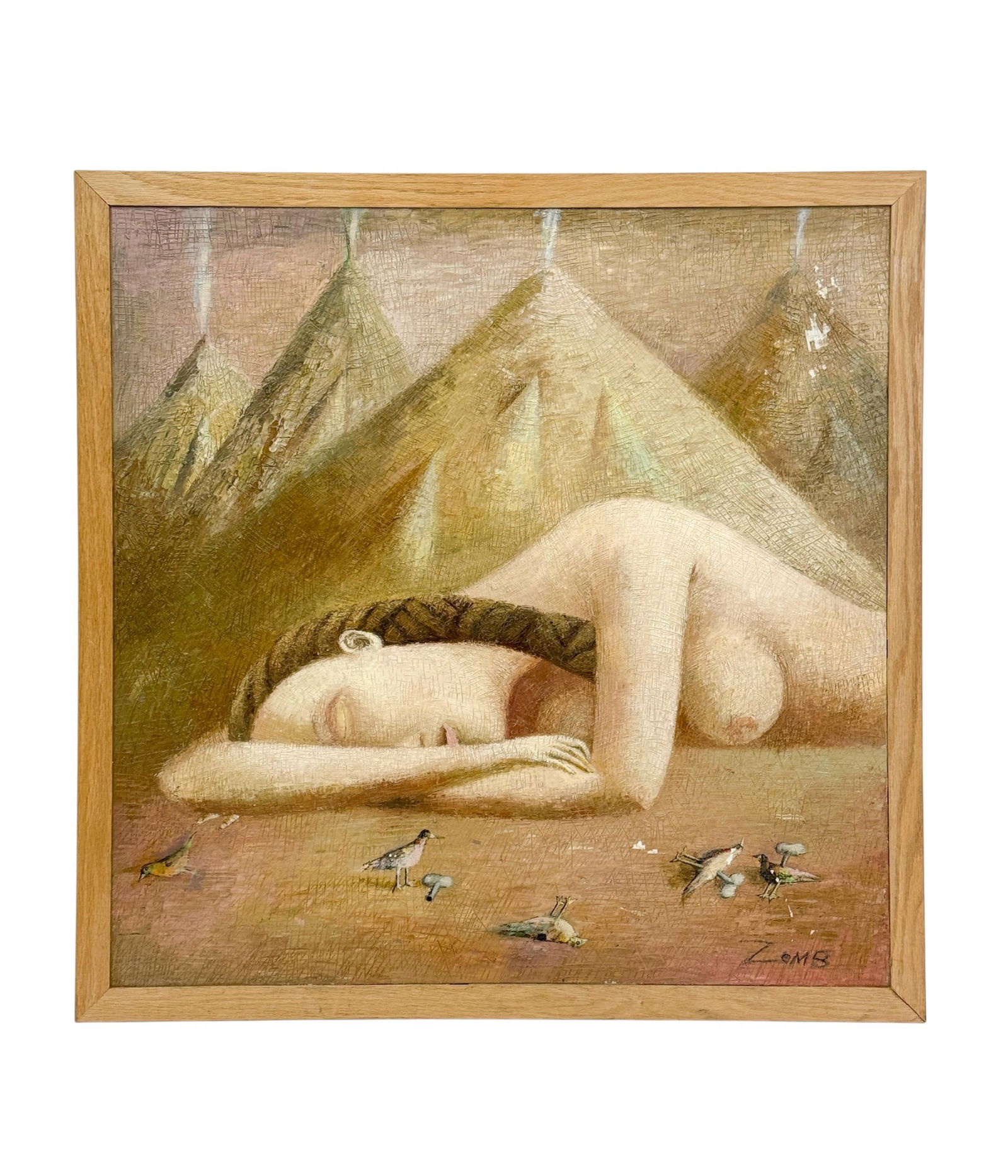 Ilya Zomb, "Dream..." 1991, O/C.: Zomb, Ilya (Russian Federation, b. 1960). "Dream with clockworking birds and landscape with volcanoes." Oil on canvas. 1991. Signed l.r. Signed and dated on verso. Sight: 34" x 34". Frame: 36 3/4" x 3