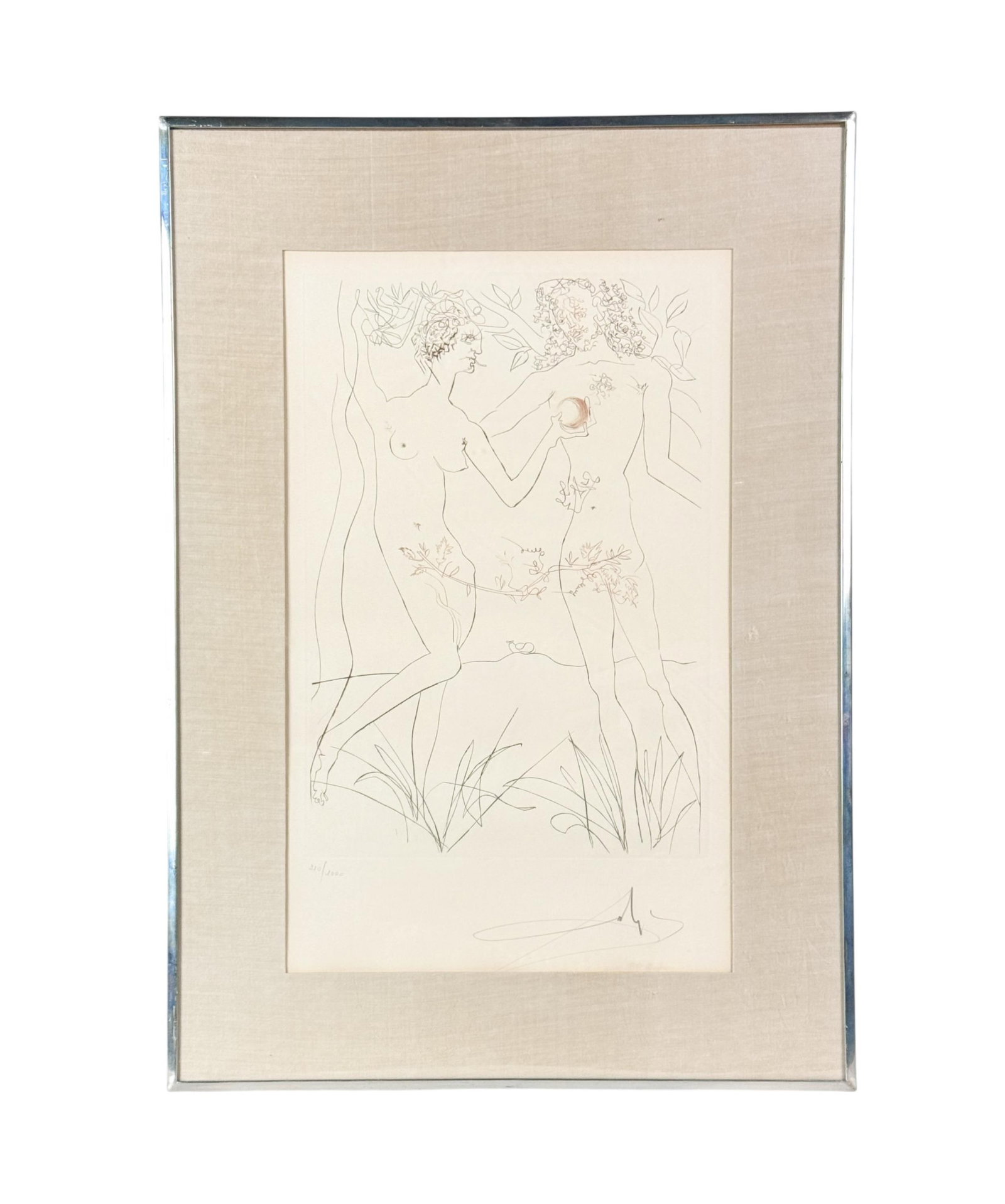 Dali, "Adam and Eve," print.: Dali, Salvador (Spanish, 1904-1989). "Adam and Eve." From Famous Loves Suite, 1972. Lithograph. Edition 210/1000. Pencil signed and editioned. Sight: 19 1/4" x 12". Frame: 26" x 18 1/2".