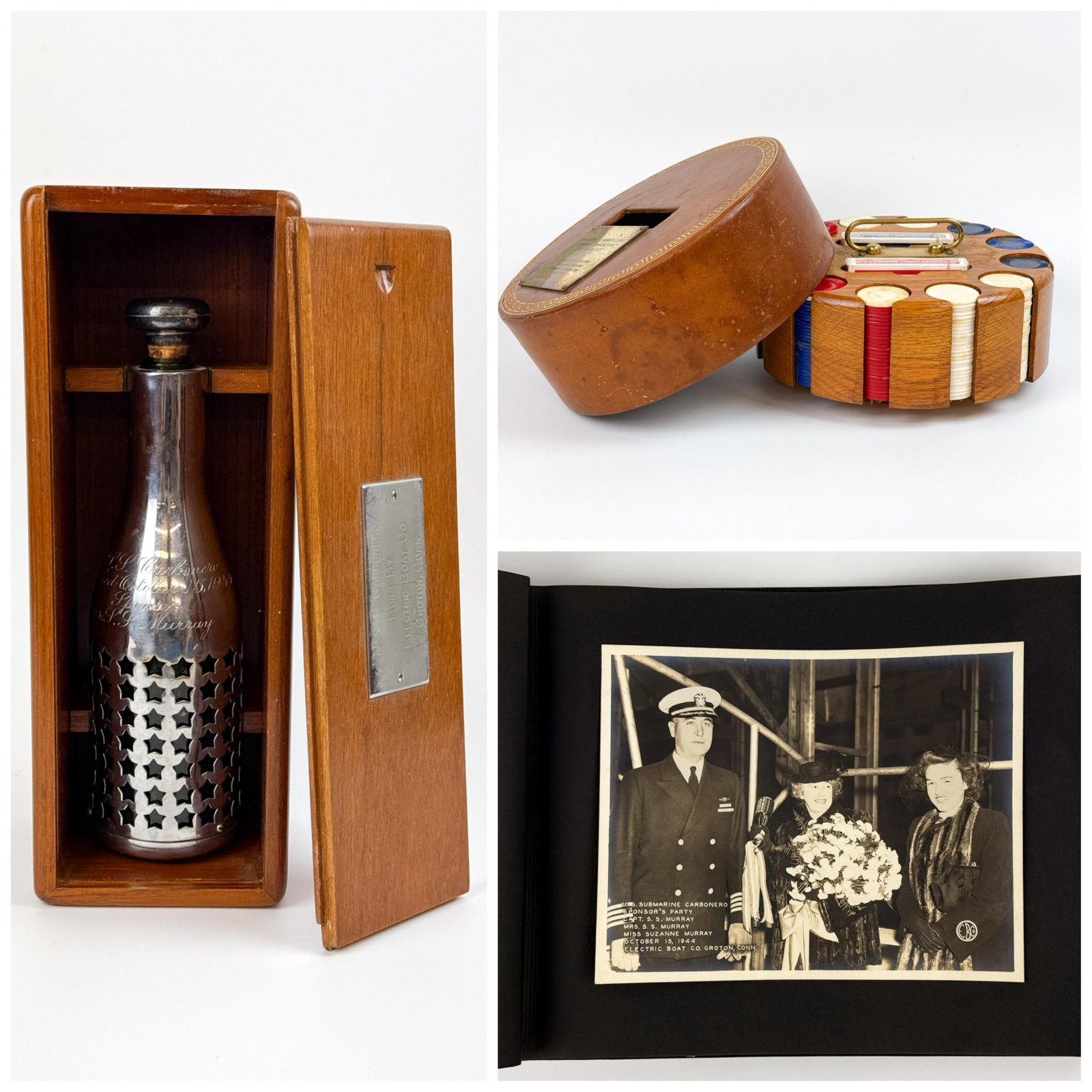 U.S.N. Adm. Murray poker set & christening bottle.: A U.S. Navy Admiral Stuart S. Murray (American, 1898-1980) 1952 leather covered traveling poker set with plaque and 1944 USS Carbonero Balao-class submarine christening bottle in case with scrapbook.