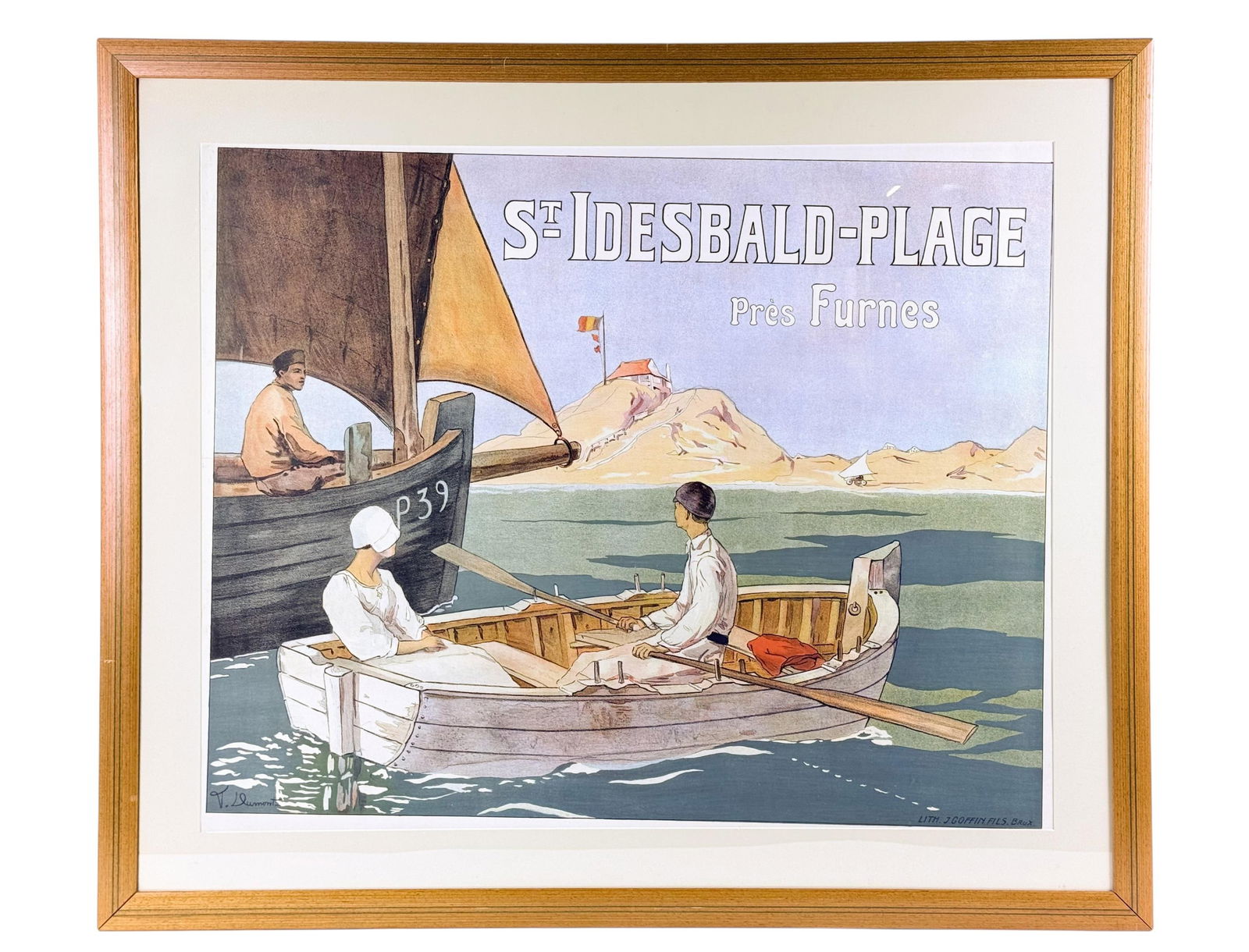 Dumont, "St-Idesbald-plage," c.1910, lithograph.: Dumont, Francis (French, 1886-1965). "St-Idesbald-plage pres Furnes." Lithograph. Circa 1910. Plate signed l.l. Printer J.Goffin, Bruxelles, Belgium, printed in plate l.r. Sheet sight: 33 1/2" x 27".