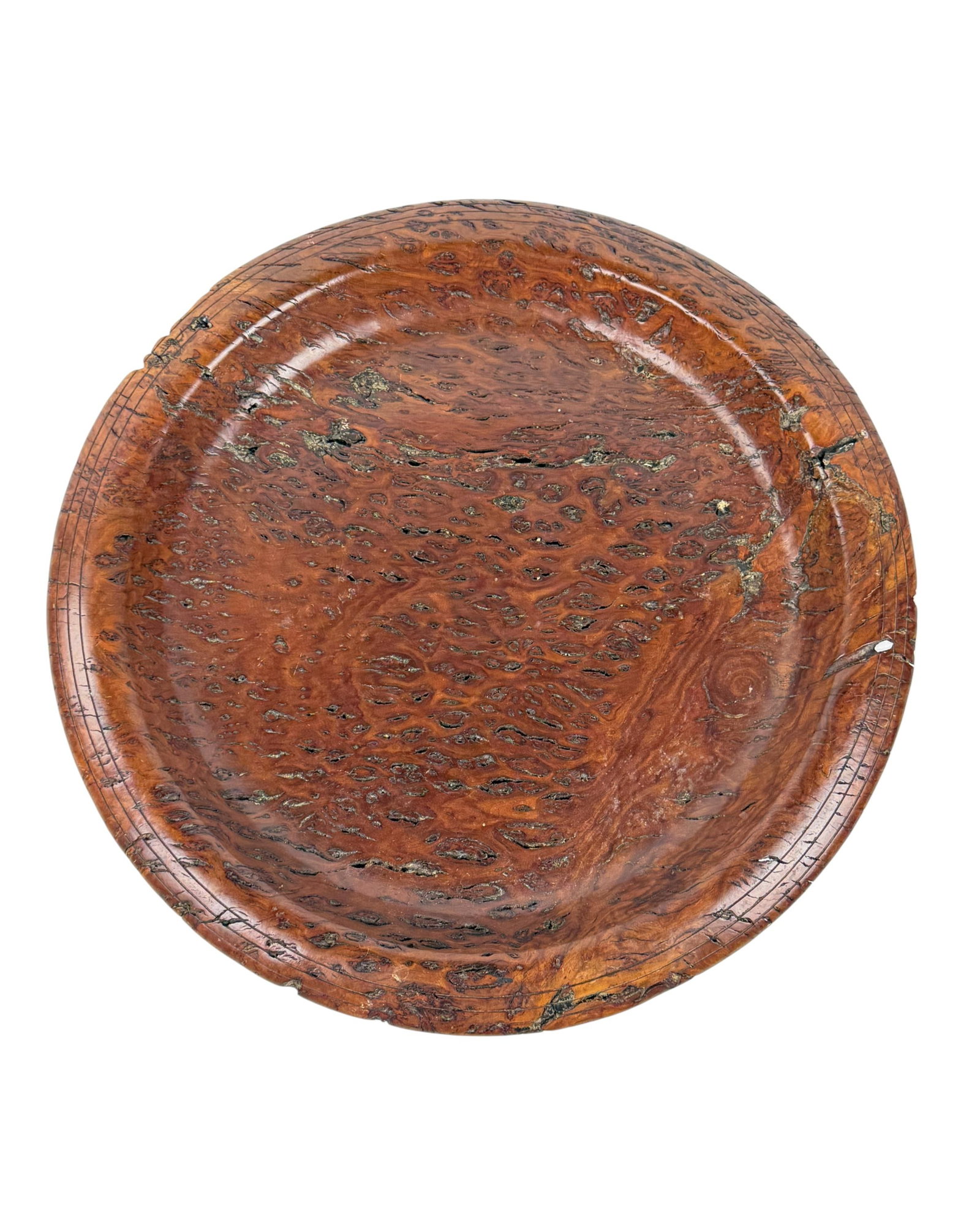 Leclere, burl wood platter.: Ron Leclere (Australian). A blue gum eucalyptus burl wood platter. Dorrigo, Australia. Signed and marked on bottom. 19 1/2" x 19 1/2" x 3". Condition: Repaired break.