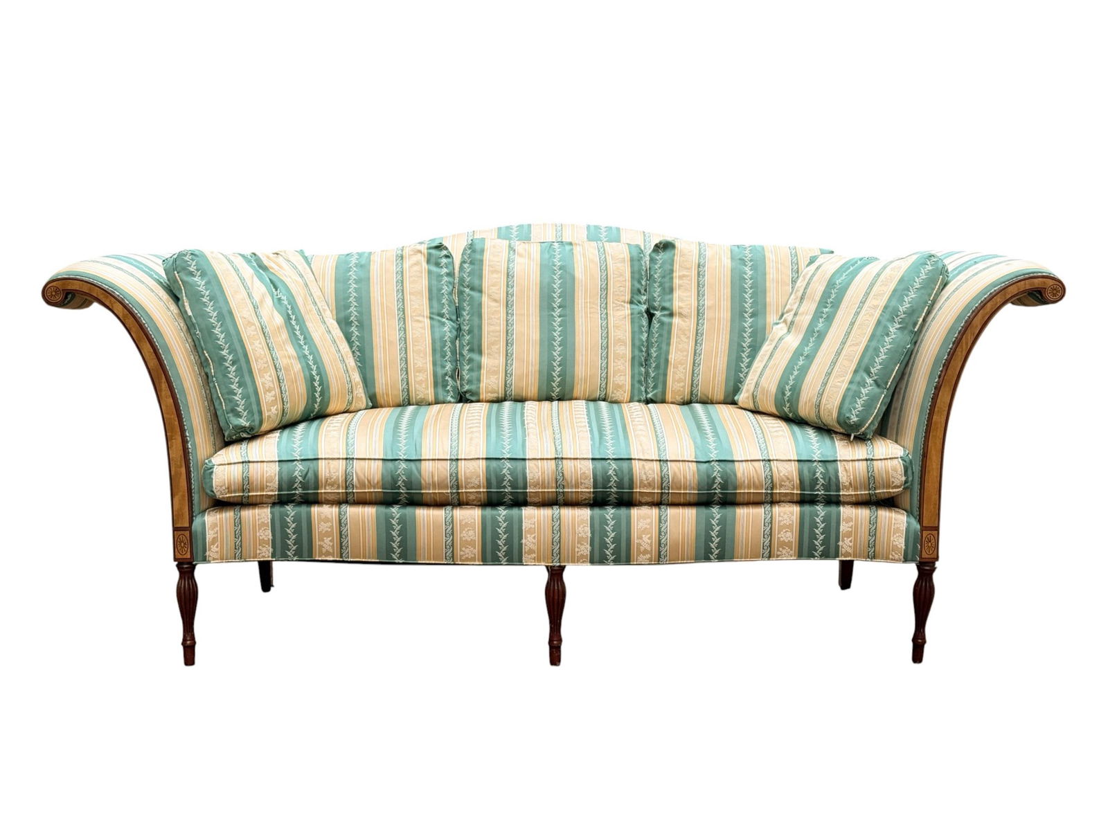 Southwood Sheraton style inlaid mahogany sofa.: A Southwood Co. Sheraton style inlaid mahogany sofa. 38" x 89" x 39".