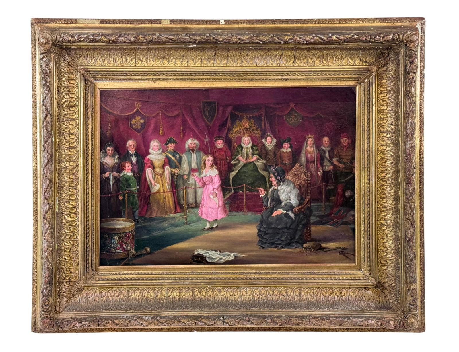 Court presentation scene, O/B.: A European School genre painting of a court presentation scene. Oil on artist board. Late 19th/early 20th century. Narrative interior scene depicting a young girl presented before a seated noblewoman