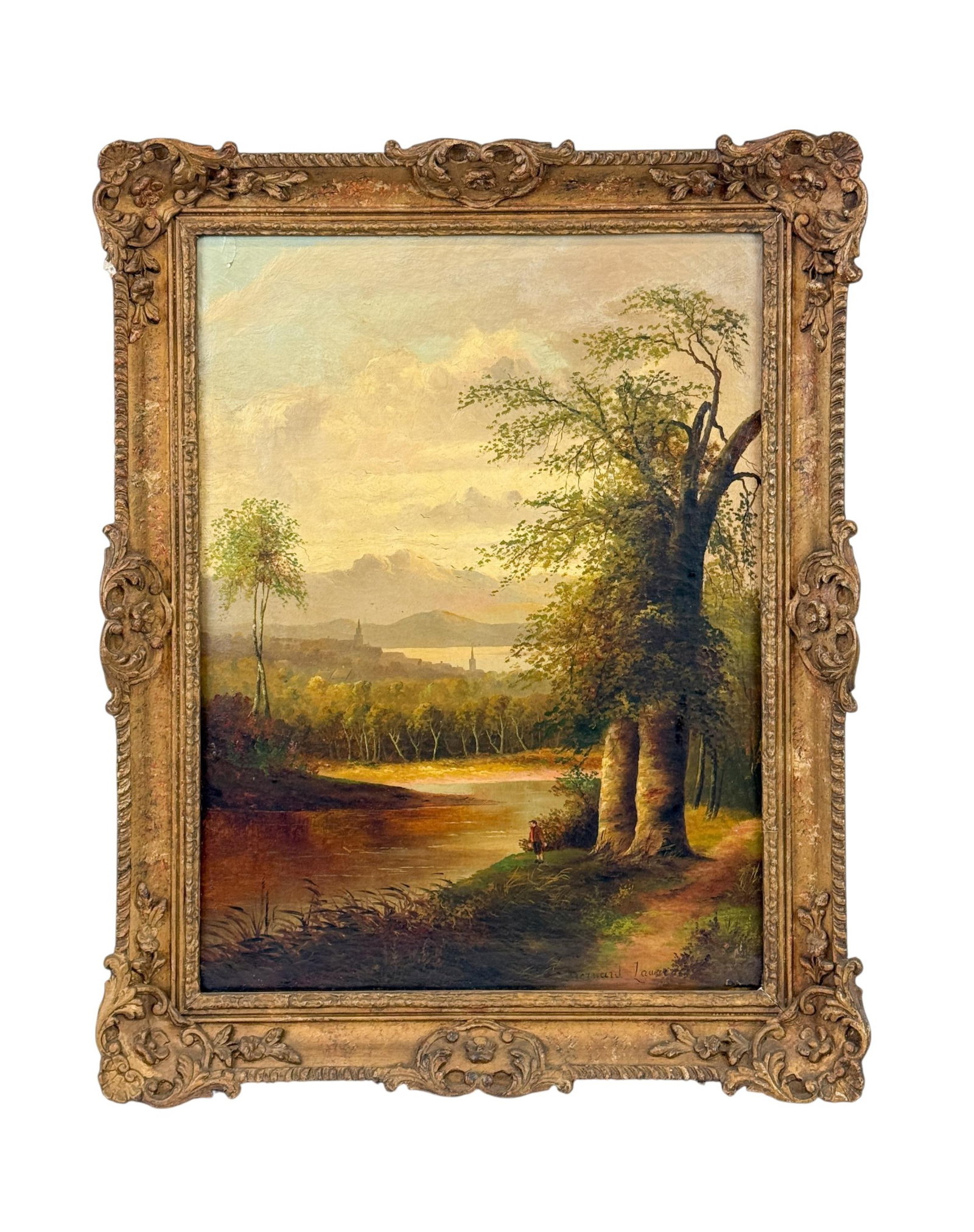 Bernard Laurence, European landscape, O/C.: Laurence, Bernard. European landscape with a boy at a riverbank in the foreground and mountains and a town by the seaside in the background. Oil on canvas. 20th century. Signed l.r. Sight: 23 1/2" x 1